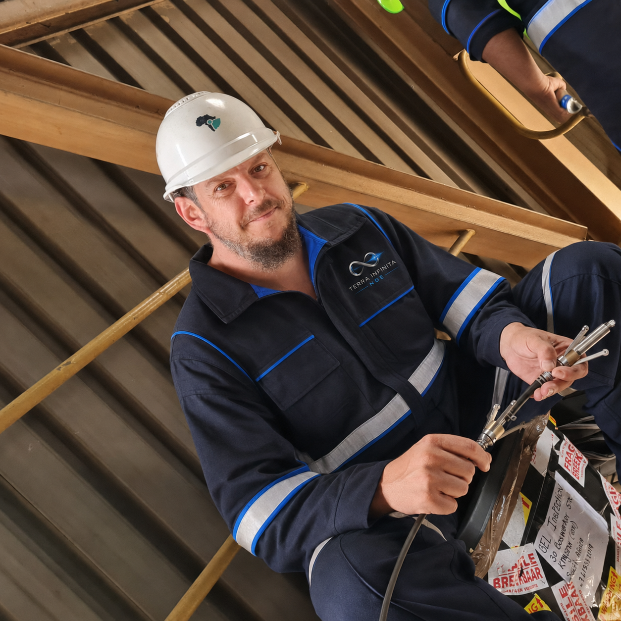 TerraInfinita technician preparing inspection probes on an industrial site