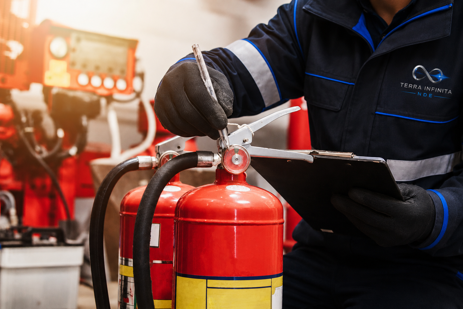 TerraInfinita technician inspecting a fire extinguisher